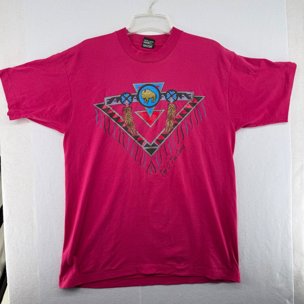 Vtg 90s Native American Buffalo Graphic T-Shirt Pink USA‎ Made L Single Stitch